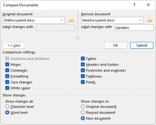The expanded Compare Documents dialog.