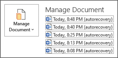 The Manage Document area of the Info page of the Backstage view, displaying the dates and times of five automatically saved document versions.