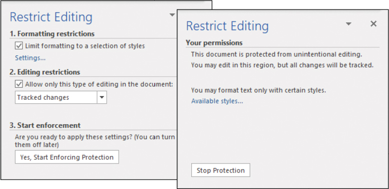 The Restrict Editing pane when restrictions are off and when restrictions are on.