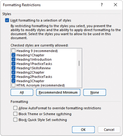 The Formatting Restrictions dialog. The Limit Formatting To A Selection Of Styles checkbox is selected. A list box preceded by the text Checked Styles Are Currently Allowed contains a list of style names preceded by checkboxes. Checkboxes for seven nonstandard styles are selected. Below the list box are three buttons: All, Recommended Minimum, and None; and three checkboxes: Allow AutoFormat To Override Formatting Restrictions, Block Theme Or Scheme Switching, and Block Quick Style Set Switching.