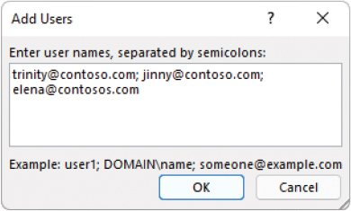 The Add Users dialog containing the email addresses of three people.