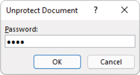 The Unprotect Document dialog displaying the password, which is hidden by dots.