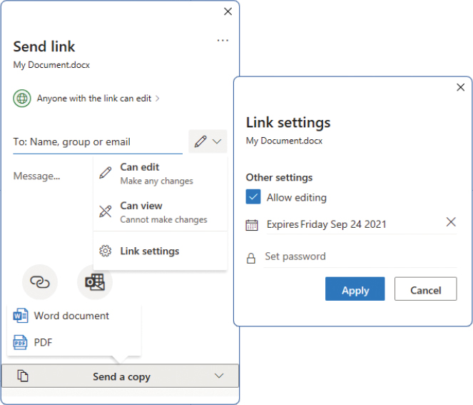 The Link Settings dialog configured for a link that permits editing and expires on a specific date, above the Send Link dialog with the editing and copy options shown.