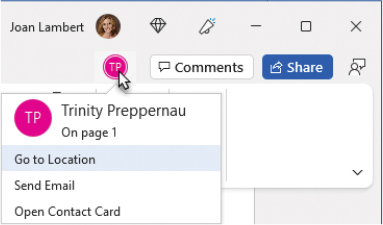The upper-right corner of the Word window showing the active user's badge and the badge of another person editing the document. The editor's menu is expanded to show communication options that can be started from within the document: Go To Location, Send Email, and Open Contact Card.