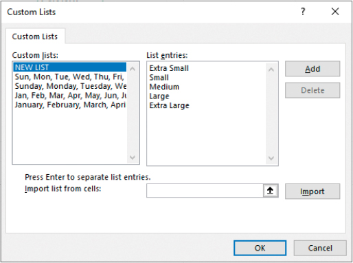 The Custom Lists dialog while configuring a new list consisting of the entries Extra Small, Small, Medium, Large, and Extra Large.