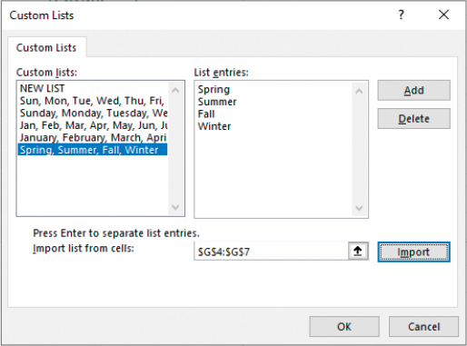 The Custom Lists dialog while importing a list from a cell range.
