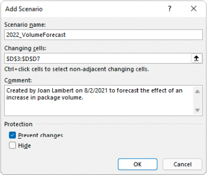 The Add Scenario dialog configured to create a scenario with the name 2022_VolumeForecast that changes cells D3 through D7. A comment indicates the creator, creation date, and purpose of the scenario.