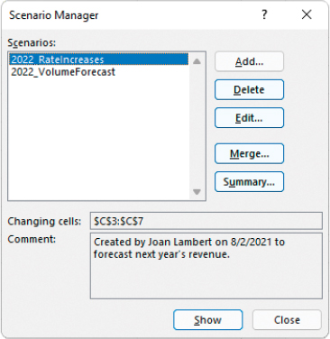 The Scenario Manager dialog showing two existing scenarios and the Changing Cells and Comment fields for the selected scenario. The dialog also includes Add, Delete, Edit, Merge, and Summary buttons.