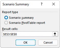 The Scenario Summary dialog with Scenario Summary selected as the report type and cells E3 through E8 specified as the result cells.