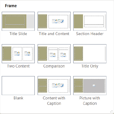 The New Slide menu displaying the nine slide layouts available in the active Frame template.