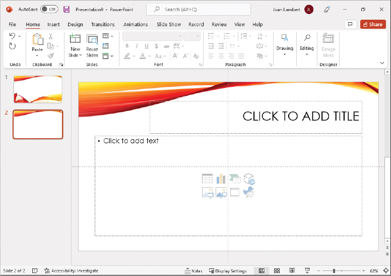 A blank Title And Content slide in the work area of the PowerPoint window.