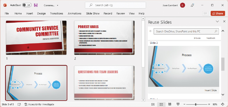 A presentation in Slide Sorter view that includes a slide reused from another presentation. The Reuse Slides pane from which the slide was inserted is open on the right side of the PowerPoint window.