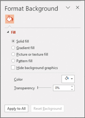 The Format Background pane displaying the Fill options.