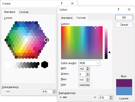 The Standard and Custom tabs of the Colors dialog.