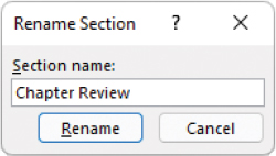 The Rename Section dialog configured for a section named Chapter Review.