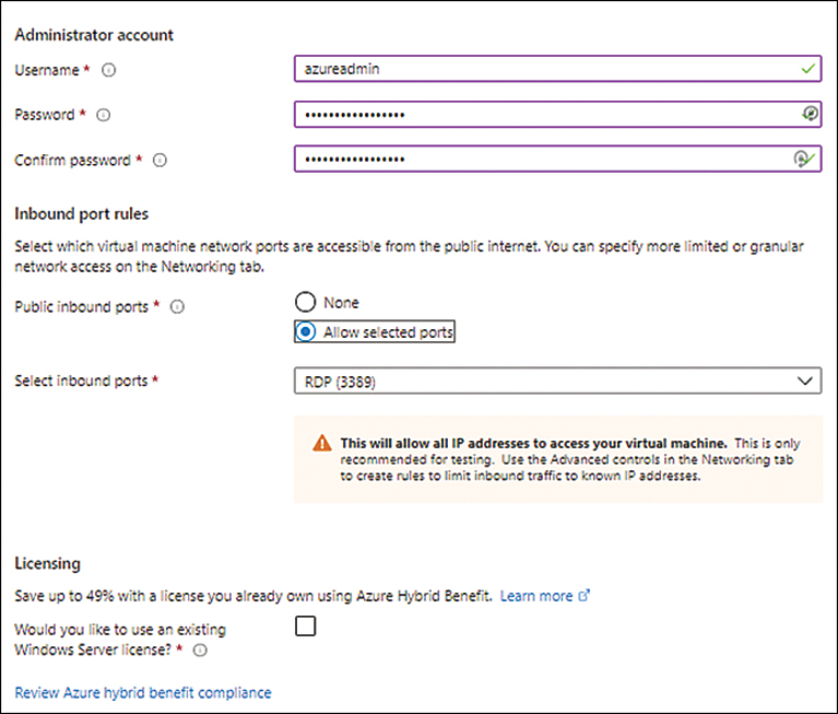 A screenshot of the Basics tab of the Create a Virtual Machine wizard is shown. The Administrator Account Username is azureadmin, and there is a password set for it. Public Inbound Ports is set to Allow Selected Ports. Select Inbound Ports is set to RDP (3389). The Licensing check box is unchecked.