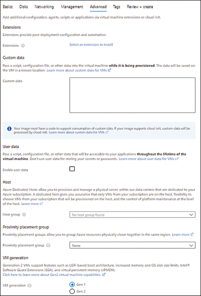 A screenshot of the Advanced tab in the Azure Portal is shown. All settings are set to their default values.