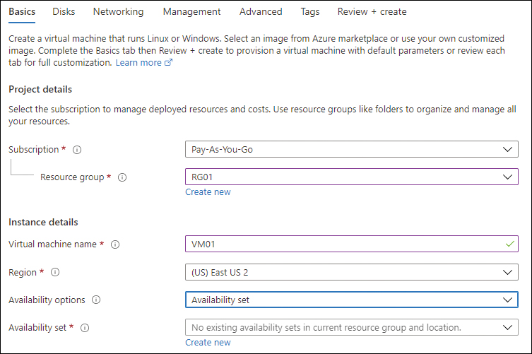 A screenshot of the Create New link under the Availability Set drop-down list in the Availability tab in the Create a Virtual Machine wizard.