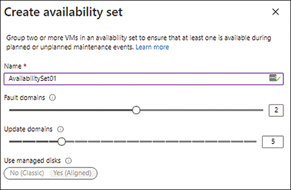 A screenshot of the Create Availability Set wizard in the Azure Portal is shown. The name is set to AvailabilitySet01. Fault Domains and Update Domains parameters are set to 2 and 5, respectively.