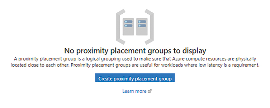 A screenshot of the Create Proximity Placement Group button in the Azure Portal is shown. No proximity placement groups are created yet.