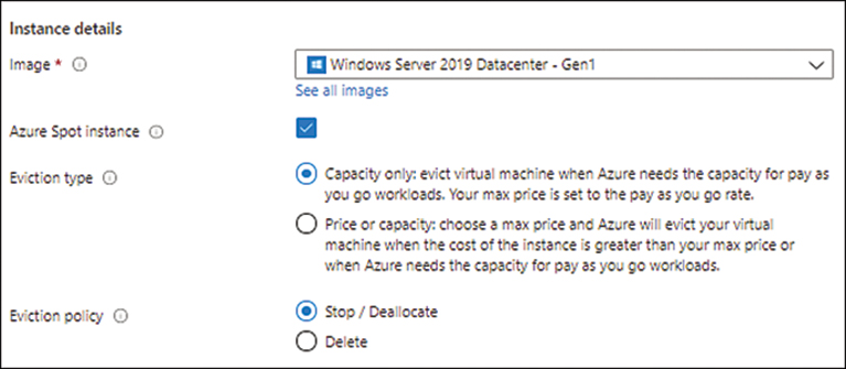 A screenshot of the Instance Details section during VM creation is shown. The image is set to Windows Server 2019 Datacenter - Gen1. Azure Spot Instance is enabled. Eviction Type is set to Capacity Only.