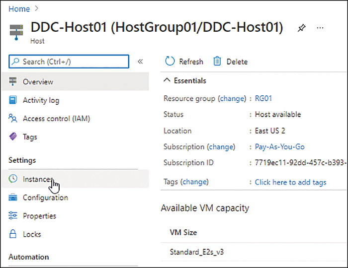 A screenshot of the dedicated host configuration is shown. The option to manage instances in the left configuration blade is highlighted for selection.