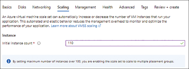 A screenshot of the Scaling tab in the VM Scale Set Creation wizard is shown. In the Instance section, the Initial Instance Count option is set to 110.