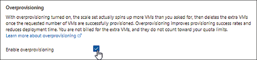 A screenshot of the Management section in the Scale Set Creation wizard is shown. In the Overprovisioning section, the Enable Overprovisioning check box is selected.