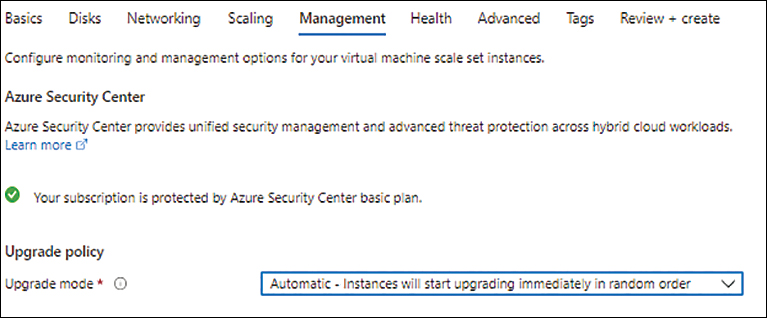 A screenshot of the Management tab in the Scale Set Creation wizard is shown. In the Upgrade Policy section, the Upgrade Mode is set to Automatic.