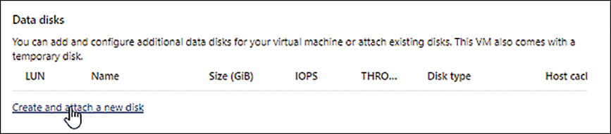 A screenshot of the Data Disks options on the Disk tab in the VM Scale Set Creation wizard is shown. The Create and Attach a New Disk link is selected.