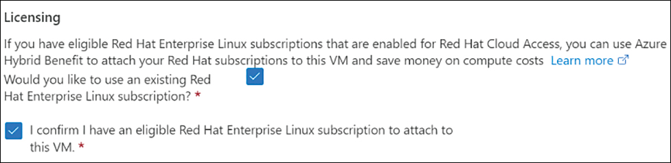 A screenshot of the Licensing section in the Basics tab of the Scale Set Creation wizard is shown with options to set up Azure Hybrid Benefit using a Red Hat Linux subscription applied.