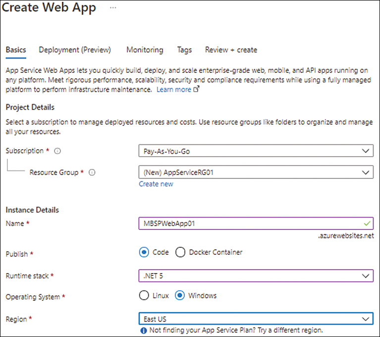 A screenshot of the Basics tab under the Create Web App wizard is shown. The sections related to the Subscription, Resource Group, Instance Name, Instance Publishing, Instance OS, and Region along with their corresponding values are shown.