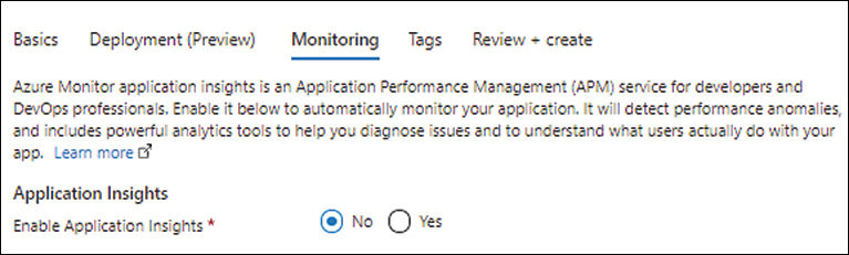 A screenshot of the Monitoring tab under the Create Web App wizard is shown. The Enable Application Insights option is set to No.