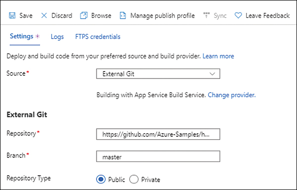 A screenshot of the Settings tab under the Deployment Center option is shown. The Source option is set to External Git, and the different settings for the external git have been set up.