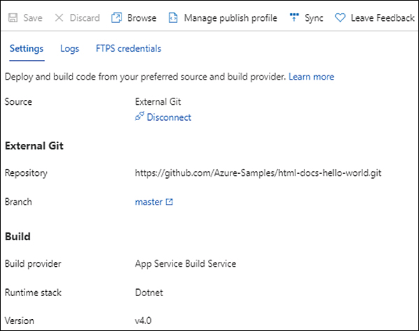 A screenshot of the Settings tab under the Deployment Center option is shown. The Source option is set to External Git and all the External Git and Build configuration are shown.