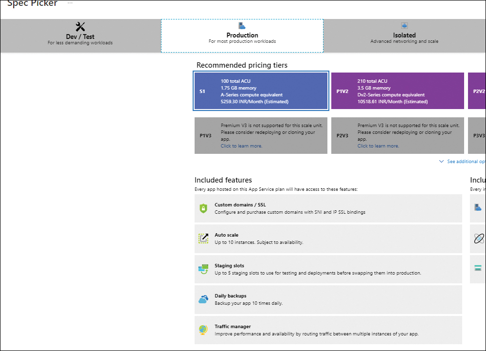 A screenshot of the Production tab under the Spec Picker wizard is shown. The S1 plan is selected, showing the list of features available that includes the deployment slots feature required to create deployment slots.