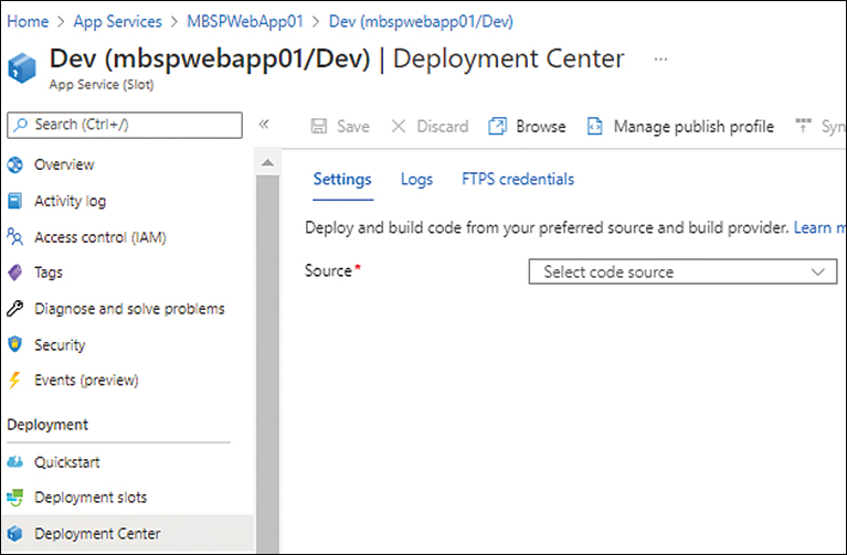 A screenshot of the Settings tab under the Deployment Center option for the Dev Deployment slot is shown. The Source option settings are blank/undefined.