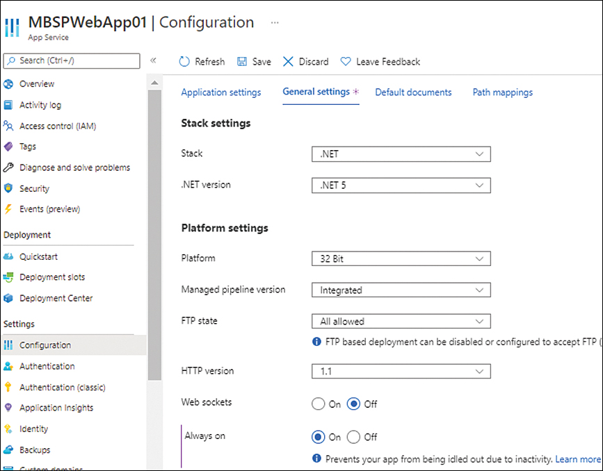 A screenshot of the General Settings tab under the Configuration option is shown. Under Platform settings, the Always On option is set to On. Default is set to Off.