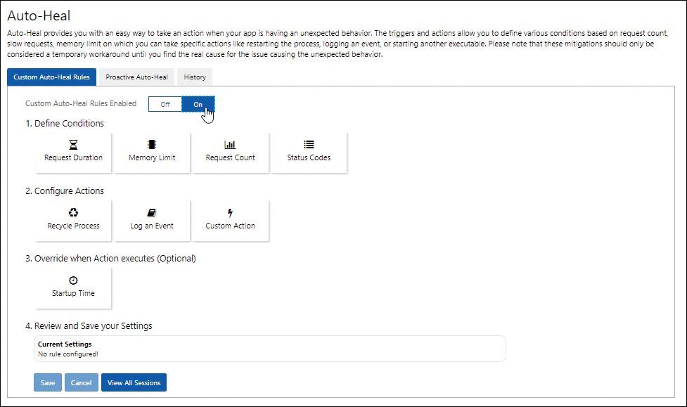 A screenshot of the Auto-Heal configuration with all the available options is shown. The Custom Auto-Heal Rules Enabled option is set to On and the rest of the options to configure are visible.