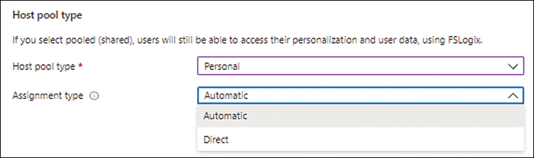 A screenshot of the Assignment Type options for the Personal Host Pool are shown. The Host Pool Type is set to Personal. Automatic and Direct Assignment Type options are shown and Automatic is highlighted.