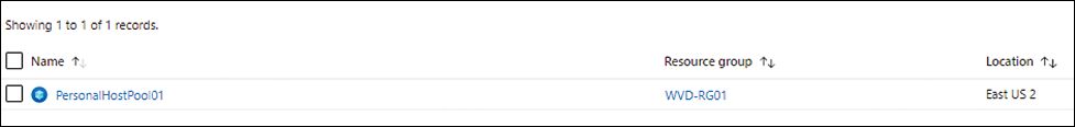 A screenshot of the Host Pool tab is shown. The newly created PersonalHostPool01 is visible in the Resource Group WVD-RG01 and the Location East US 2.