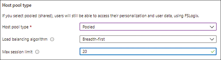 A screenshot of the Host Pool Type section is shown. The Host Pool Type is set to Pooled. The Load Balancing Algorithm is set to Breadth-first. The Max Session Limit is set to 20.