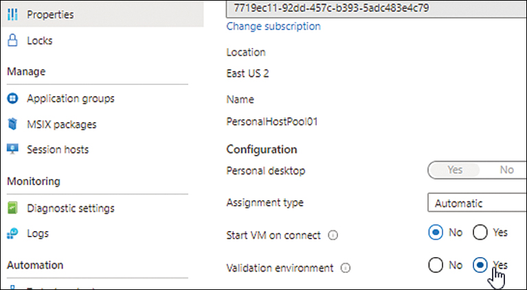 A screenshot of the Properties of the host pool is shown. Under Configuration, the Validation Environment is set to Yes.