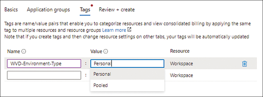 A screenshot of the Tags tab is shown. A single tag with the Name WVD-Environment-Type and the value Personal is shown.