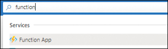 A screenshot of the search tab in the Azure Portal is shown. A search for function has filtered the Function App service for selection.