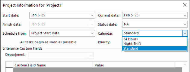 A screenshot of the Project Information dialog with default values shown and the Calendar list displayed.