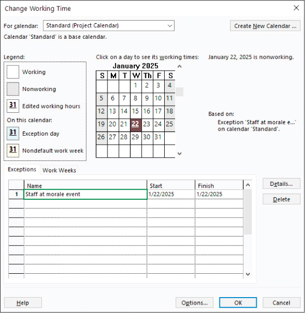A screenshot of the Change Working Time dialog with January 22, 2025, selected, showing as a nonworking day, and on the Exceptions tab the entry is “Staff at morale event.”