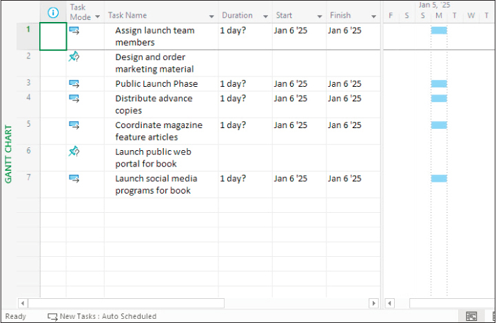 A screenshot of a list of tasks. Design and order marketing material and Launch public web portal for book are the only manually scheduled tasks.
