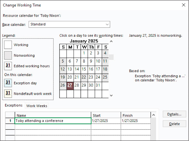 A screenshot of the Change Working Time dialog showing a nonworking exception day for a resource. 