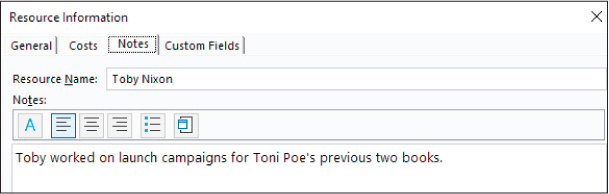 A screenshot of the Resource Information dialog showing notes for Toby.